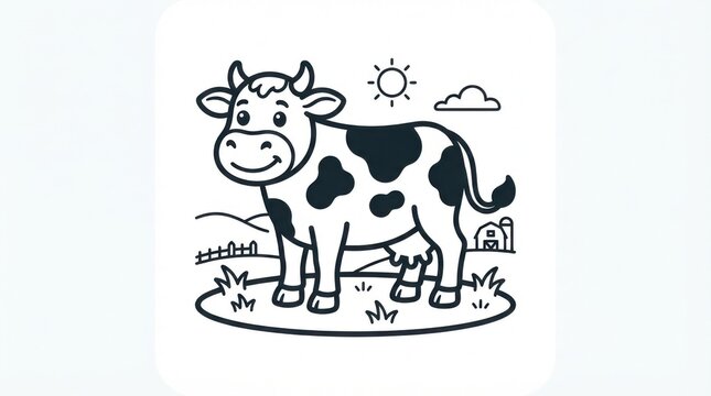 Cute cartoon cow standing on a farm in a simple black and white style