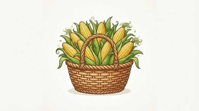Fresh yellow corn cobs inside a woven brown wooden basket illustration