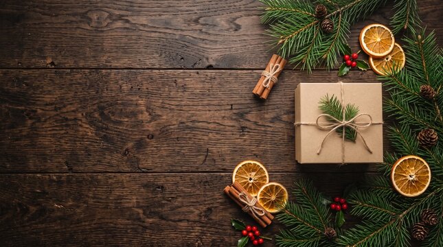 Top down flat lay blank kraft gift box pine branches and dried orange on dark wooden table cozy Christmas mockup negative space