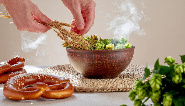 Adding Wheat Ears to Bowl with Hops and Pretzels