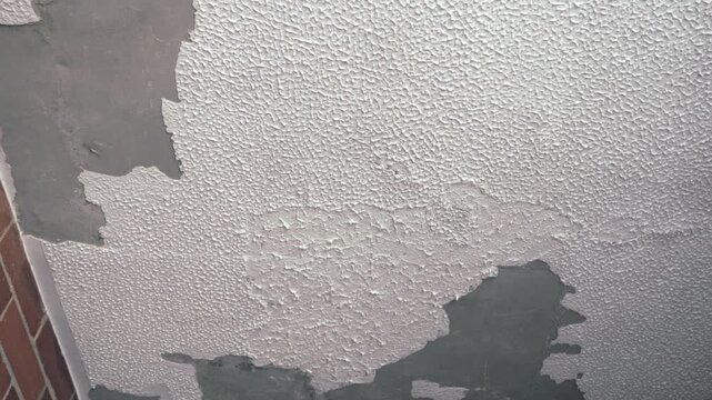 Water damage from a leak spreading across a textured ceiling, causing paint to peel