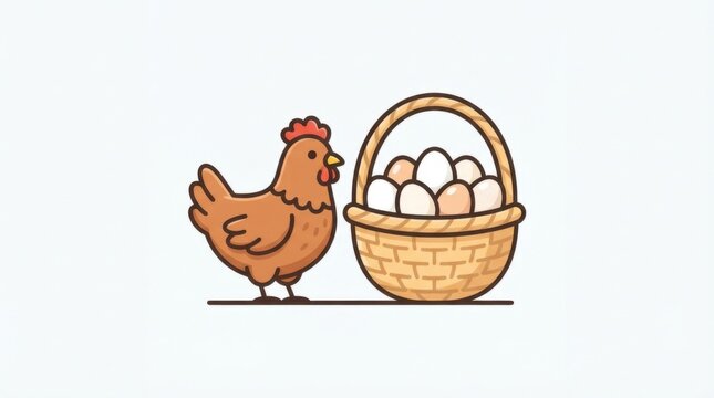 Cute brown hen standing next to a wicker basket full of fresh farm eggs