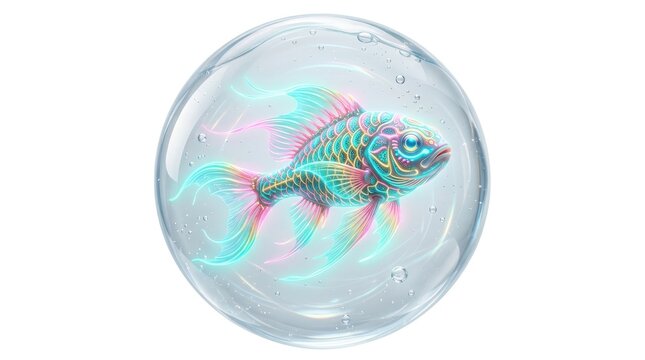 Colorful fish swimming inside a large transparent water bubble