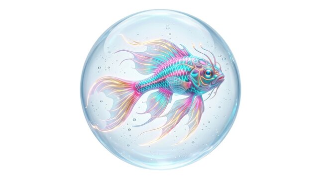 Colorful neon fish swimming inside a crystal water bubble
