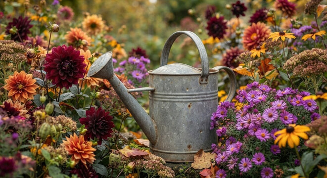 Verwitterte Zink-Gie&szlig;kanne inmitten eines &uuml;ppigen Herbstblumenbeetes &ndash; Dahlien und Astern im Garten