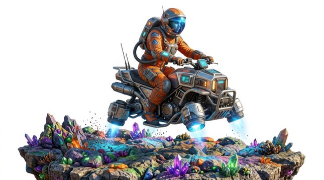 Astronaut riding a futuristic flying vehicle on alien planet