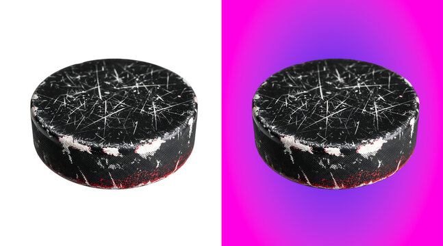 Worn black hockey puck with visible white surface scratches and scuffs, isolated on a white background, for sports equipment, and game imagery