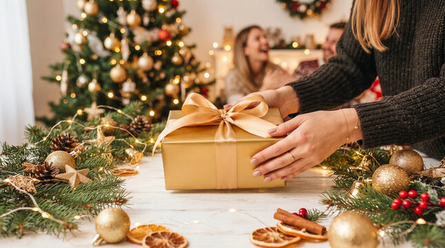 Manos femeninas sostienen un regalo de Navidad dorado con lazo de terciopelo burdeos. Fondo bokeh con &aacute;rbol decorado y corona festiva en mesa de madera blanca con luces.