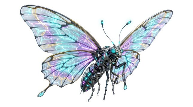 Mechanical butterfly with blue and purple glowing wings