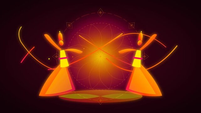 Stylized whirling dervish figures dancing with glowing light effects