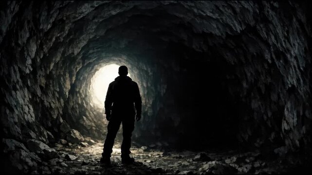 A person stands in a dimly lit tunnel, guided by a light at the end