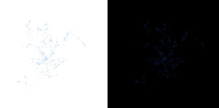 Bright blue glowing particles explode and scatter across transparent background for abstract design.