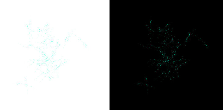 Bright turquoise glowing particles explode and scatter across transparent background for abstract design.