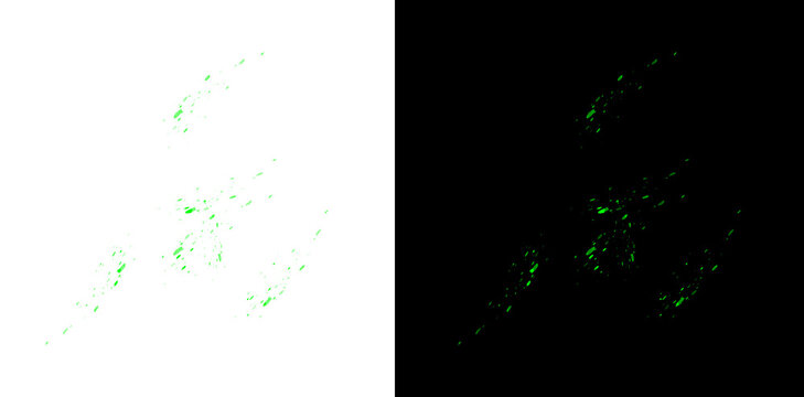Abstract green paint splash elements with toxic liquid droplets and acid spray pattern on transparent background.