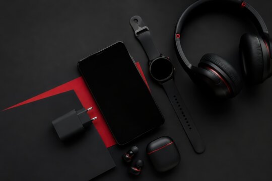 Black Friday electronics sale concept with smartphone, smartwatch and wireless audio accessories