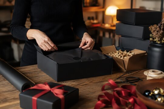 Woman packing elegant black gift boxes for Black Friday orders in a home workshop