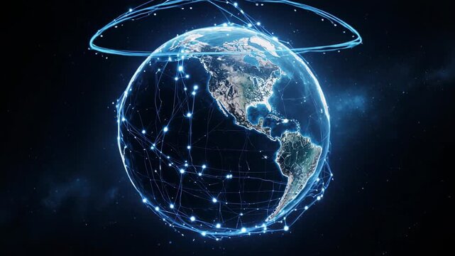 Digital earth rotating with glowing network connections and orbital rings during global data transfer concept