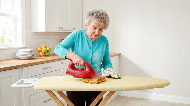 Senior using clothes iron to press sandwich in playful cooking improvisation concept