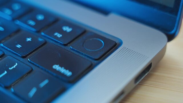 Close up on finger touching a fingerprint scanner on laptop computer at night. ID authentication approve and confirm identity by scanning fingerprint or thumbprint. Modern tech to access digital data