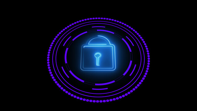 Glowing padlock icon secures confidential data against cyber threats. High tech padlock icon locks user files. Modern padlock icon graphic for privacy software apps.