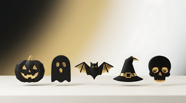Chic black and gold Halloween icons standing in line against gradient background.