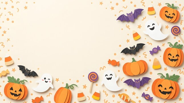 Halloween paper craft flat lay background with cute pumpkins ghosts and bats.