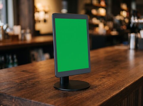 Digital kiosk tablet green screen mockup on cafe wooden counter