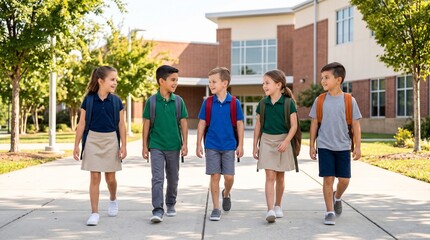 Fototapeta premium Group of cheerful elementary students wearing school uniforms and backpacks walking together outside modern school building