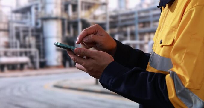 Close-up of an industrial worker in a yellow safety jacket using a smart phone outside a factory site.