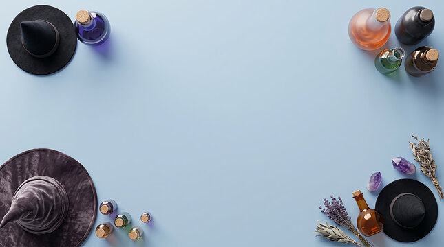 Cosmetic products arranged in circular pattern on light blue