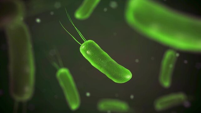 Green bacteria cells with flagella swimming in dark microscopic environment microbiological