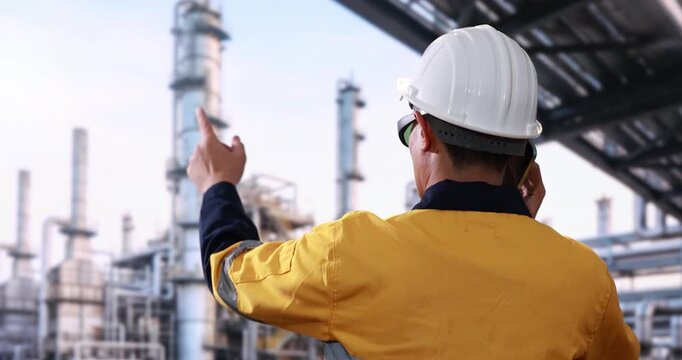 Rear view of a refinery worker in yellow safety clothing and hard hat using a radio while inspecting industrial processing equipment.