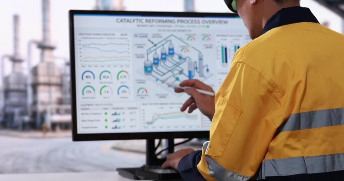 Industrial worker in yellow safety jacket studies a process control dashboard on a monitor at an oil refinery or chemical plant.