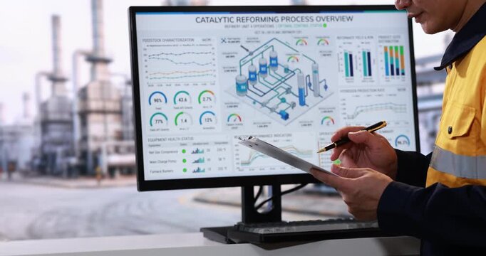 Industrial engineer in safety jacket reviews catalytic reforming process data on a monitor beside a refinery plant.