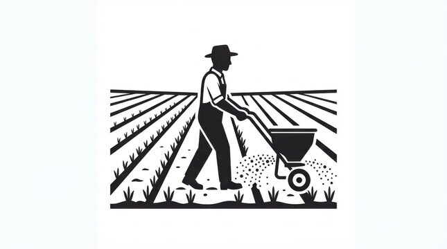 Farmer pushing a fertilizer spreader in a field of crops