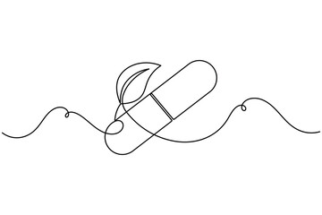 Obraz premium Medical nutrition herbal capsule pill sign continuous one line drawing on white background minimalist healthy lifestyle based made from natural ingredients symbol editable outline vector illustration