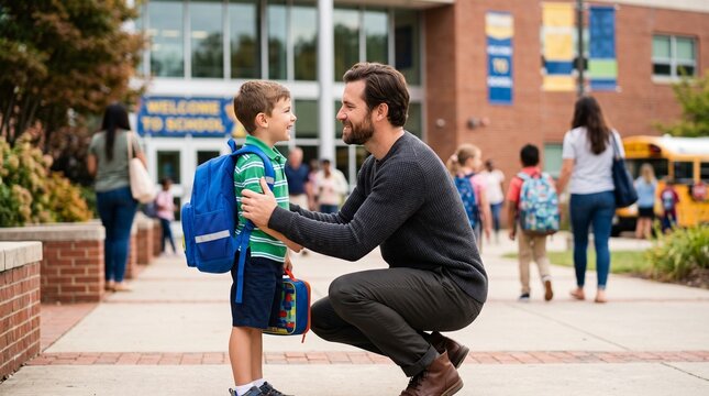 Father encouraging young son with backpack on first day of school in a dynamic composition
