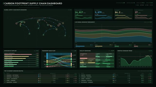 Explore the Carbon Footprint Supply Chain Dashboard featuring animated supply chain routes, emission tier color coding, and insightful data visualizations for sustainability analysis.