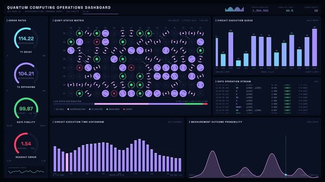 Futuristic Quantum Computing Operations Dashboard displaying a vibrant qubit status matrix, circuit execution queue, and real-time error rate gauges in a sleek, modern interface.