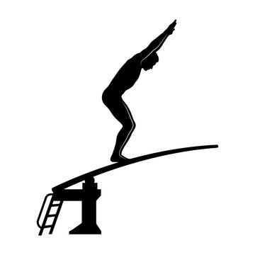 Diver preparing to dive from a springboard silhouette against a white background.