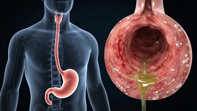 3D Animation of Human Torso Showing GERD and Acid Reflux Disease in Inflamed Stomach