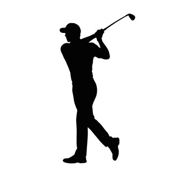 Male golfer prepares for a powerful swing with a golf club isolated on a white background.