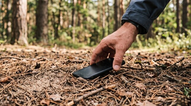 Hand picking up a lost smartphone from the forest floor covered in pine needles.