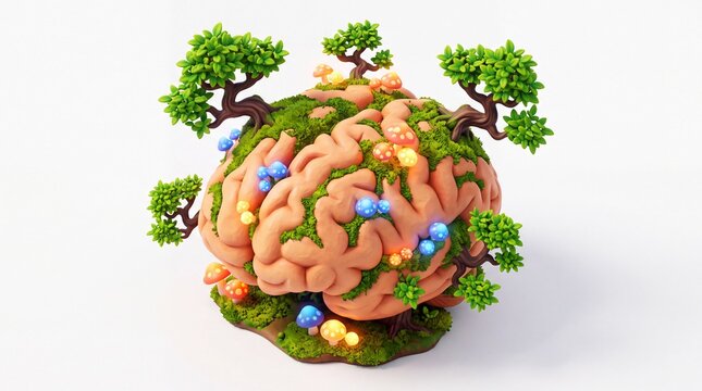 A vibrant green ecosystem grows across the winding pathways of a creative human mind sculpture, blending natural forestry elements with intellectual vitality and psychological wellness concepts.