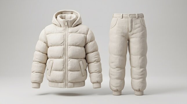White winter down puffer jacket and trousers set clothing mockup isolated