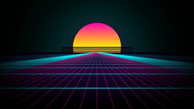Retro Synthwave Neon Grid Landscape with Gradient Sun Background