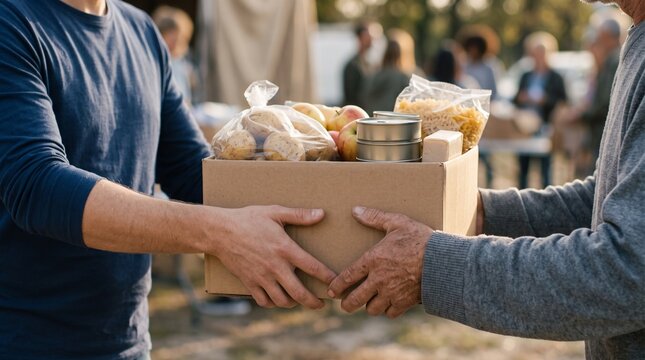 Close up of volunteer hands passing cardboard donation box filled with food to senior citizen, depicting charity and community support