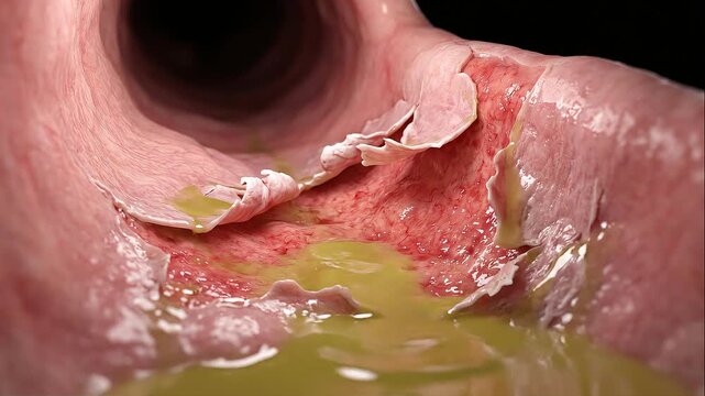 Endoscopic Internal View of Damaged Mucosa and Peeling Tissue in GI Tract