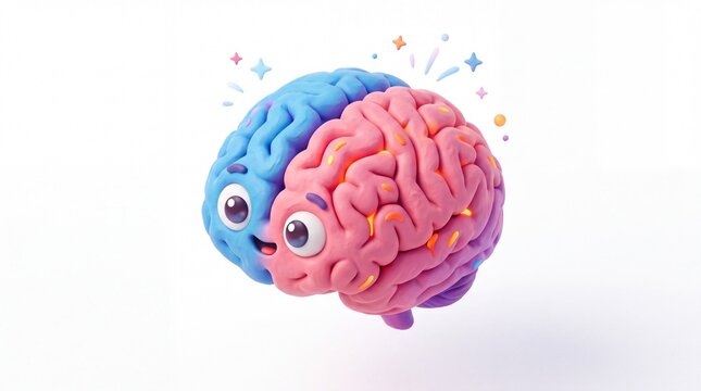 A joyful blue and pink brain character with big expressive eyes smiles playfully while glowing sparks float around its head in an artistic representation of mental health awareness. 3D