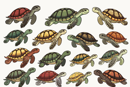 Grid of various sea turtles and tortoises in different colors, shell patterns, and poses shown in a detailed pixel art style.
